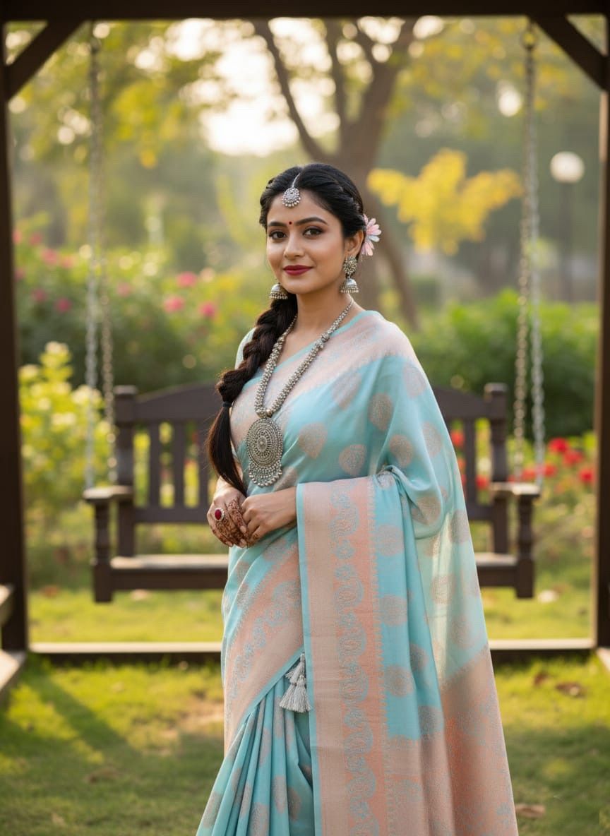 আনন্দ - Sky Blue কাতান শাড়ি – বাজেট ফ্রেন্ডলি স্টাইল